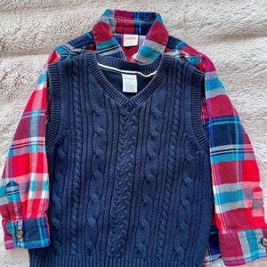 OshKosh B'gosh Navy Cable Knit Vest with Red Plaid Shirt